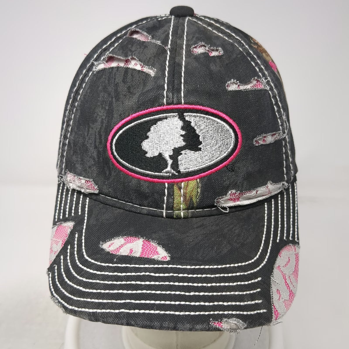 Mossy Oak Baseball Cap Black Pink One Size Distressed Lace Camo Hat Stitching