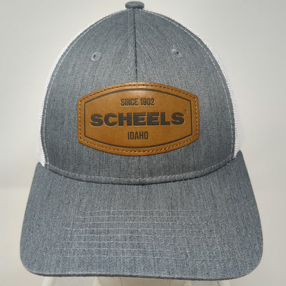 Scheels Trucker Hat Gray White Brown One Size Leather Patch Mesh Back Snapback