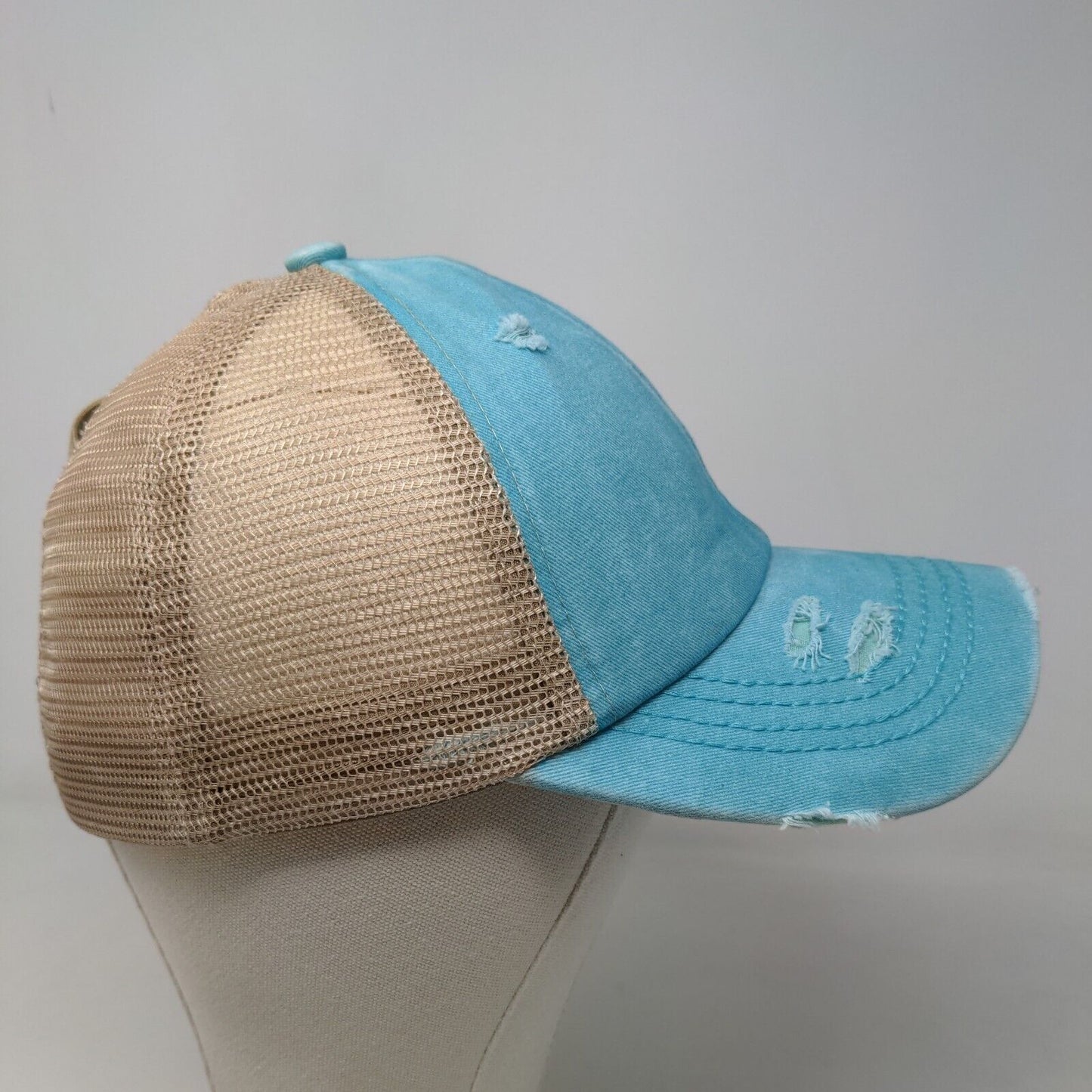 C.C. Exclusives Women's Strapback Mesh Back Hat Blue Ponytail Hole Cotton Blend