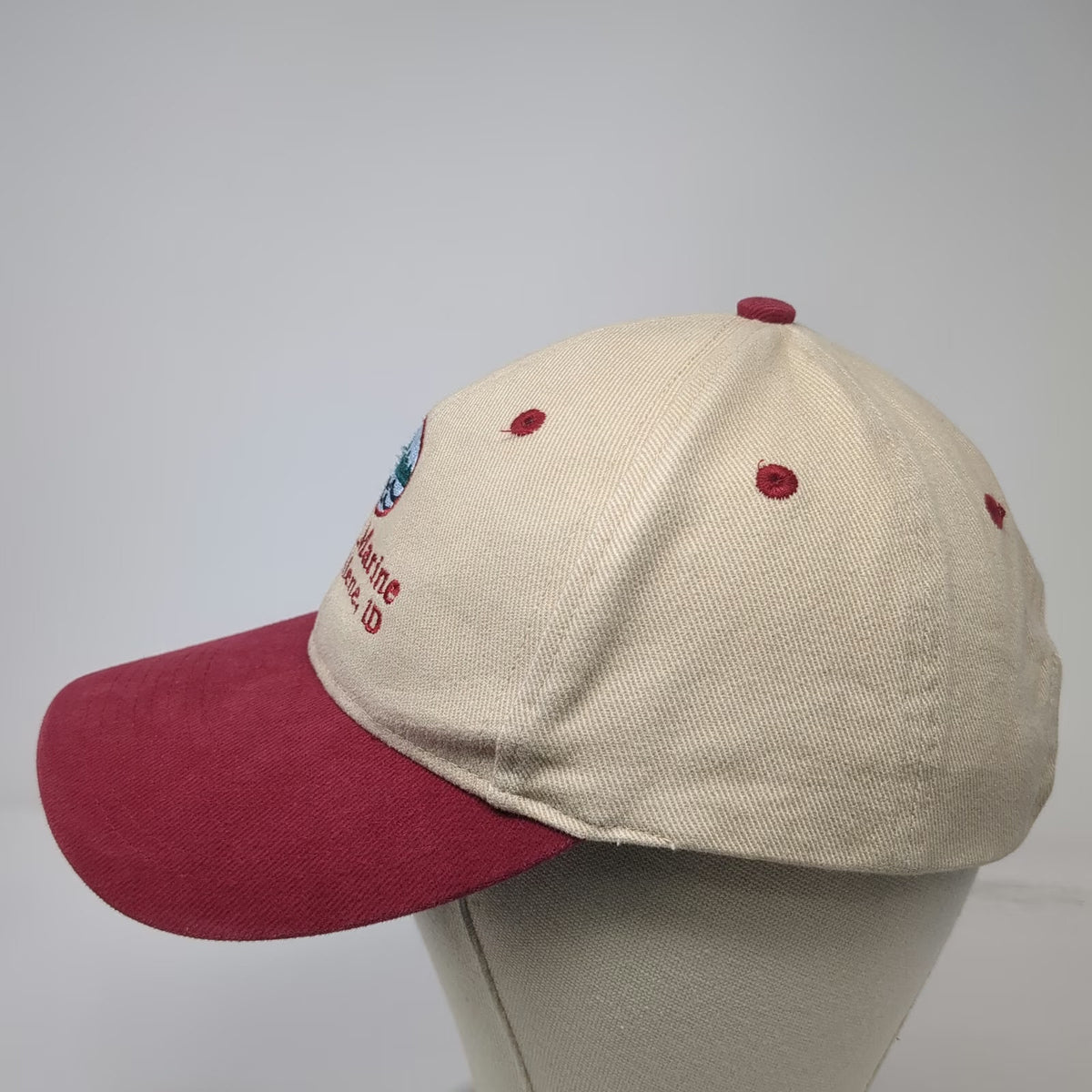 Falcon Baseball Cap Beige Red Mark's Marine Coeur d'Alene ID One Size Cotton Hat