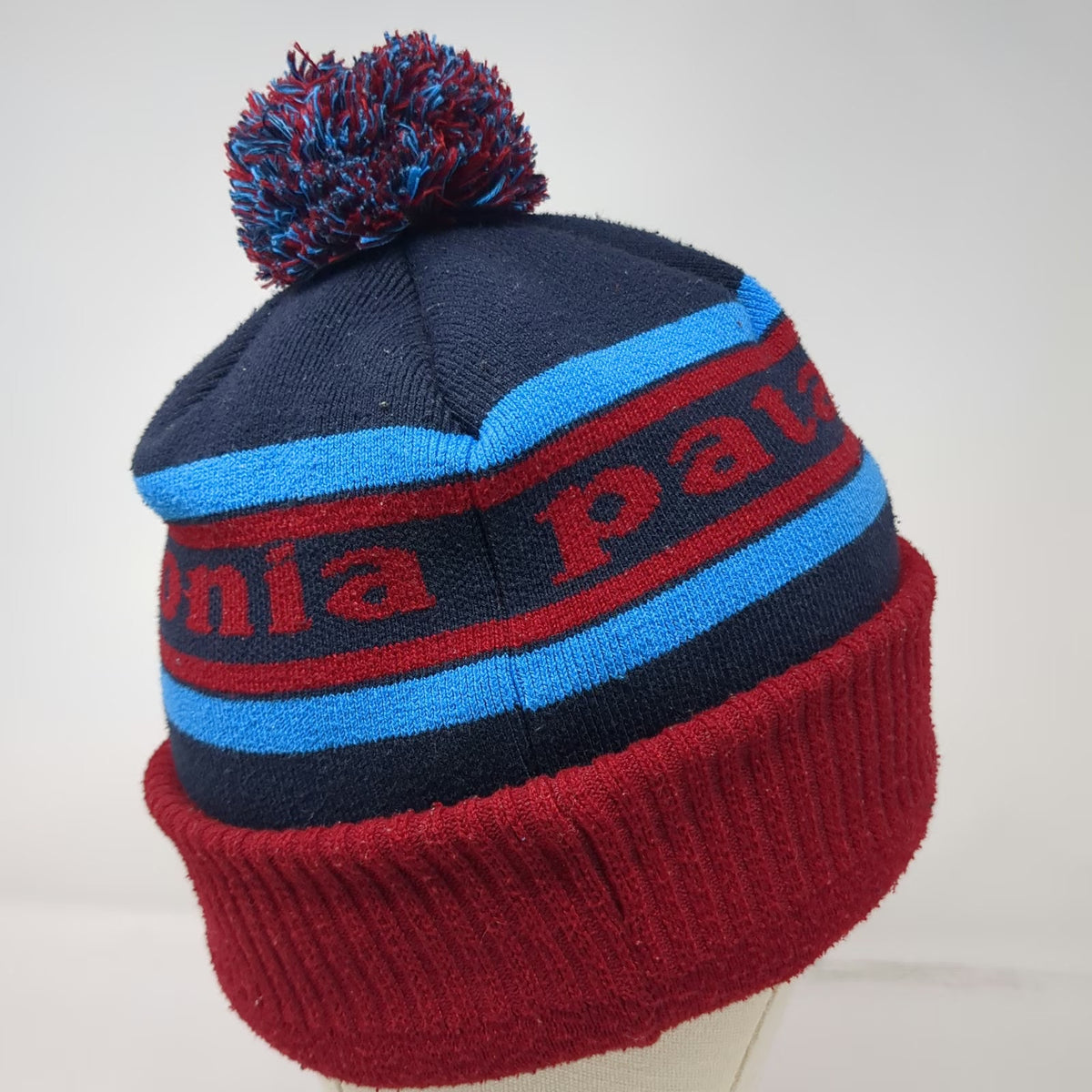 Patagonia Beanie Blue Red One Size Pom Pom Cuffed Striped Logo Winter Knit Hat