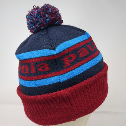 Patagonia Beanie Blue Red One Size Pom Pom Cuffed Striped Logo Winter Knit Hat
