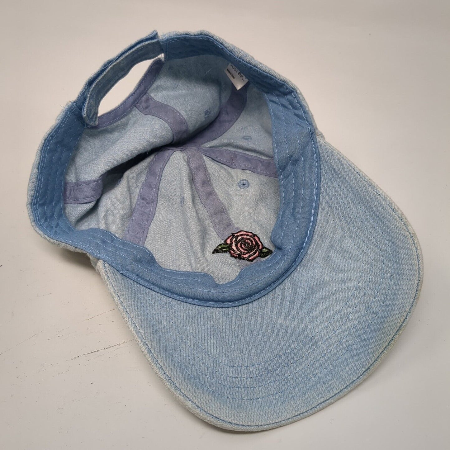 Rose Strapback Hat Blue OSFA Adjustable Embroidered Floral Denim Just Be
