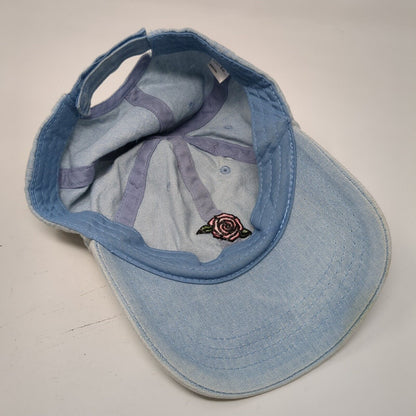 Rose Strapback Hat Blue OSFA Adjustable Embroidered Floral Denim Just Be