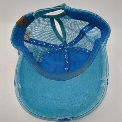 C.C Exclusives Strapback Trucker Hat Blue One Size Ponytail Distressed
