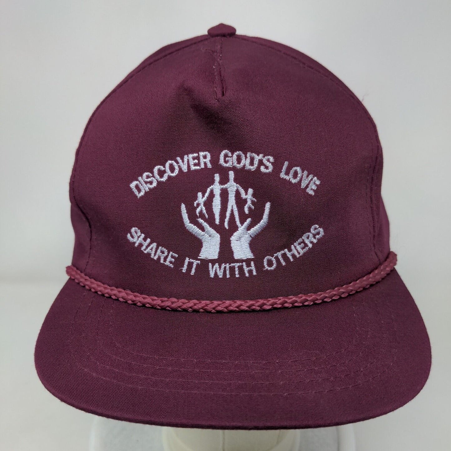 Discover God's Love Share It With Others Snapback Hat Red Burgundy One Size Rope
