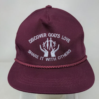 Discover God's Love Share It With Others Snapback Hat Red Burgundy One Size Rope