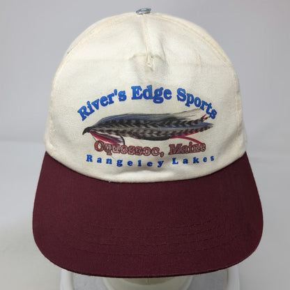 Yupoong 5 Panel Hat Beige Red One Size Fishing Fly Oquossoc Maine Snapback