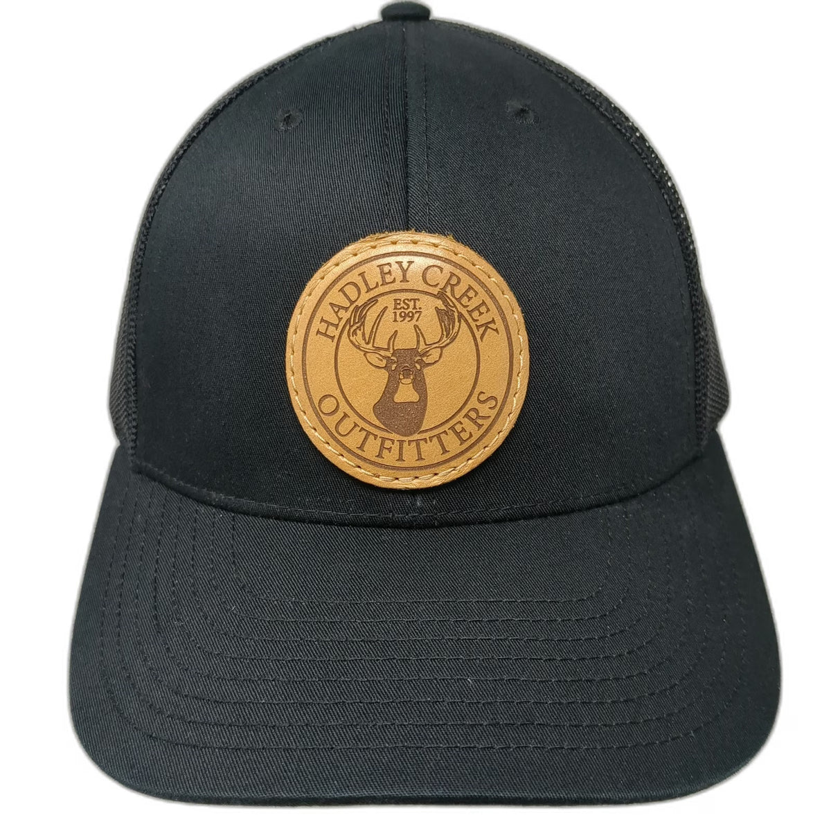 Richardson Trucker Hat Black One Size Hadley Creek Outfitters Leather Patch Deer