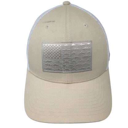 Columbia PFG USA Fish Flag Snapback Trucker Hat Tan One Size Mesh Back