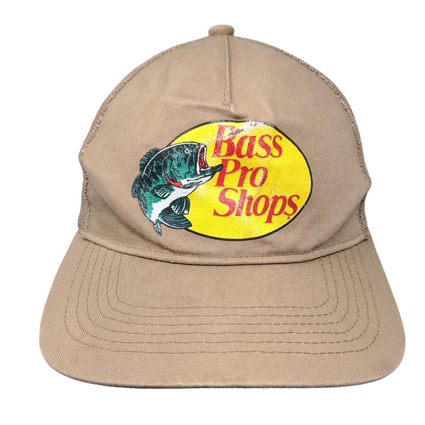 Bass Pro Shops Snapback Trucker Hat Tan OSFM Adjustable Mesh Back Gone Fishing