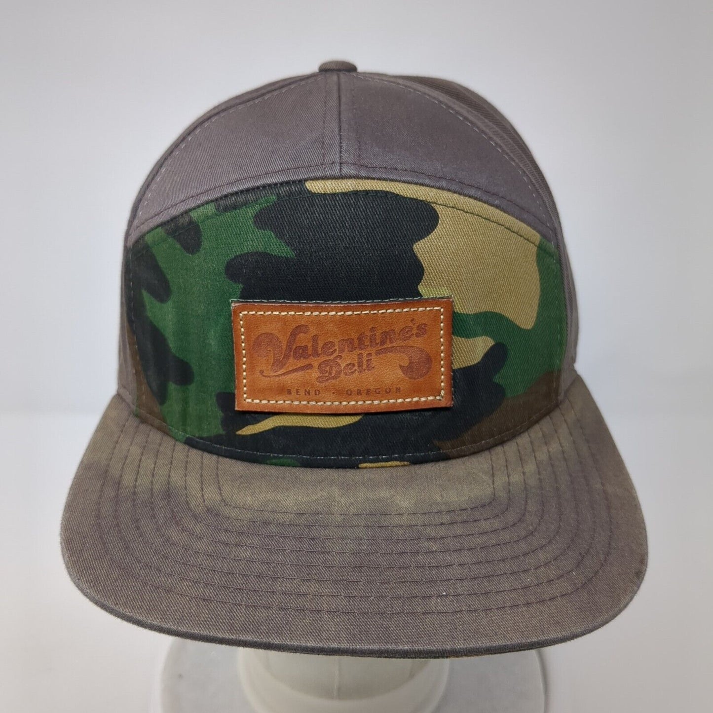 Valentine's Deli Slideback Hat Gray One Size Leather Strap Camo Trim