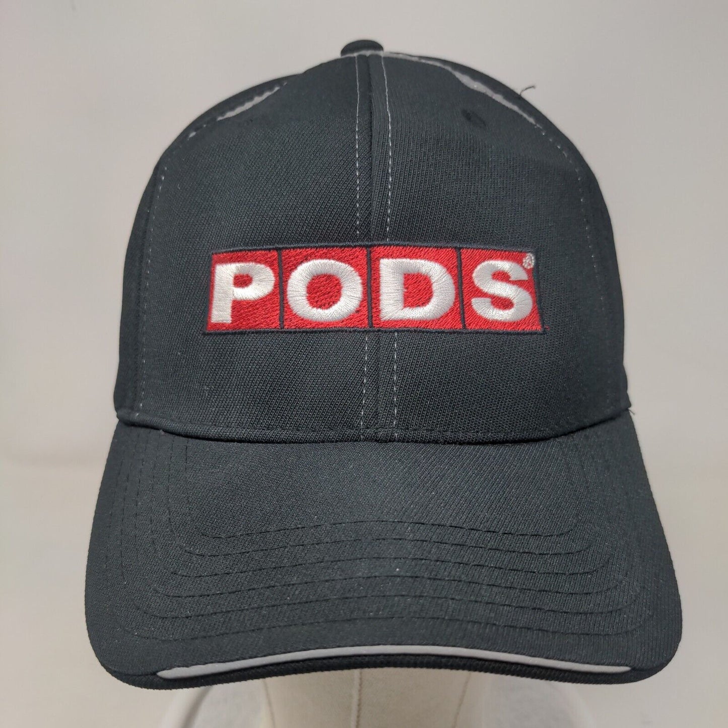 PODS Strapback Hat Black One Size Adjustable Embroidered Vented Holes 6 Panel