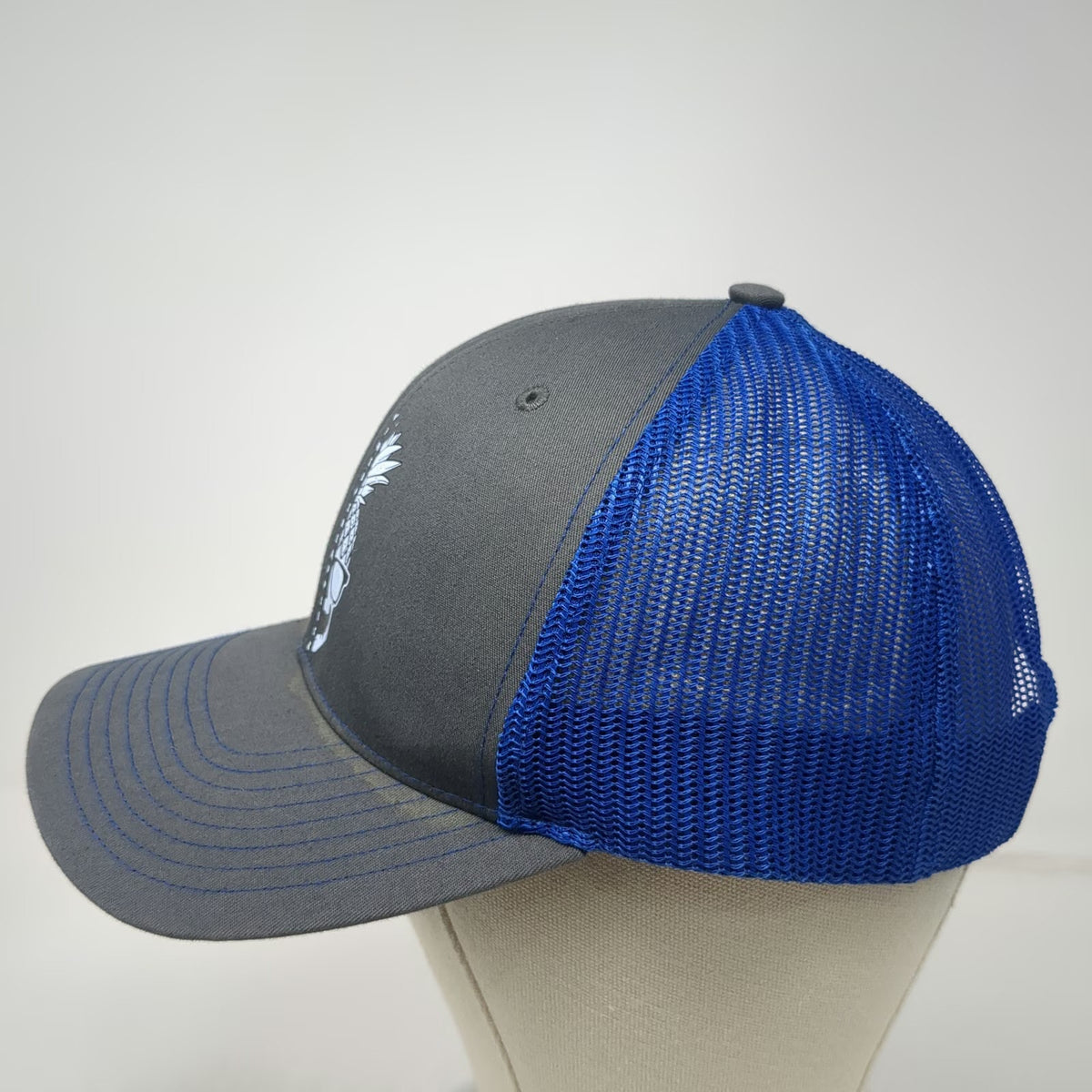 Richardson Gray Blue Trucker Hat One Size Mesh Snapback Pineapple Skull Graphic
