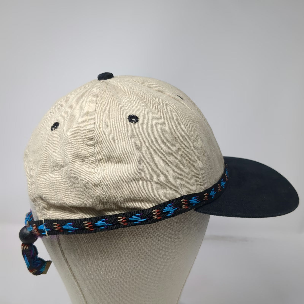 Baseball Cap Beige OS Aztec Woven Band Toggle Made USA Strapback Hat Vintage
