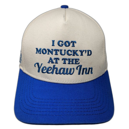 White Blue 5 Panel Hat One Size Montucky Cold Snacks Yeehaw Inn Snapback Beer