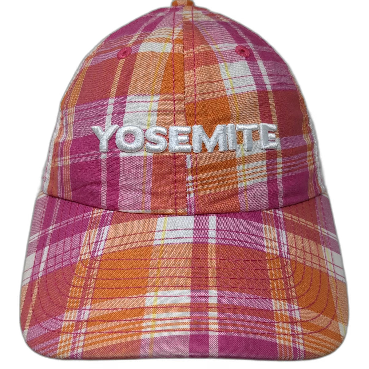 Polar Graphics Trucker Hat Pink White One Size Yosemite Plaid Mesh Snapback