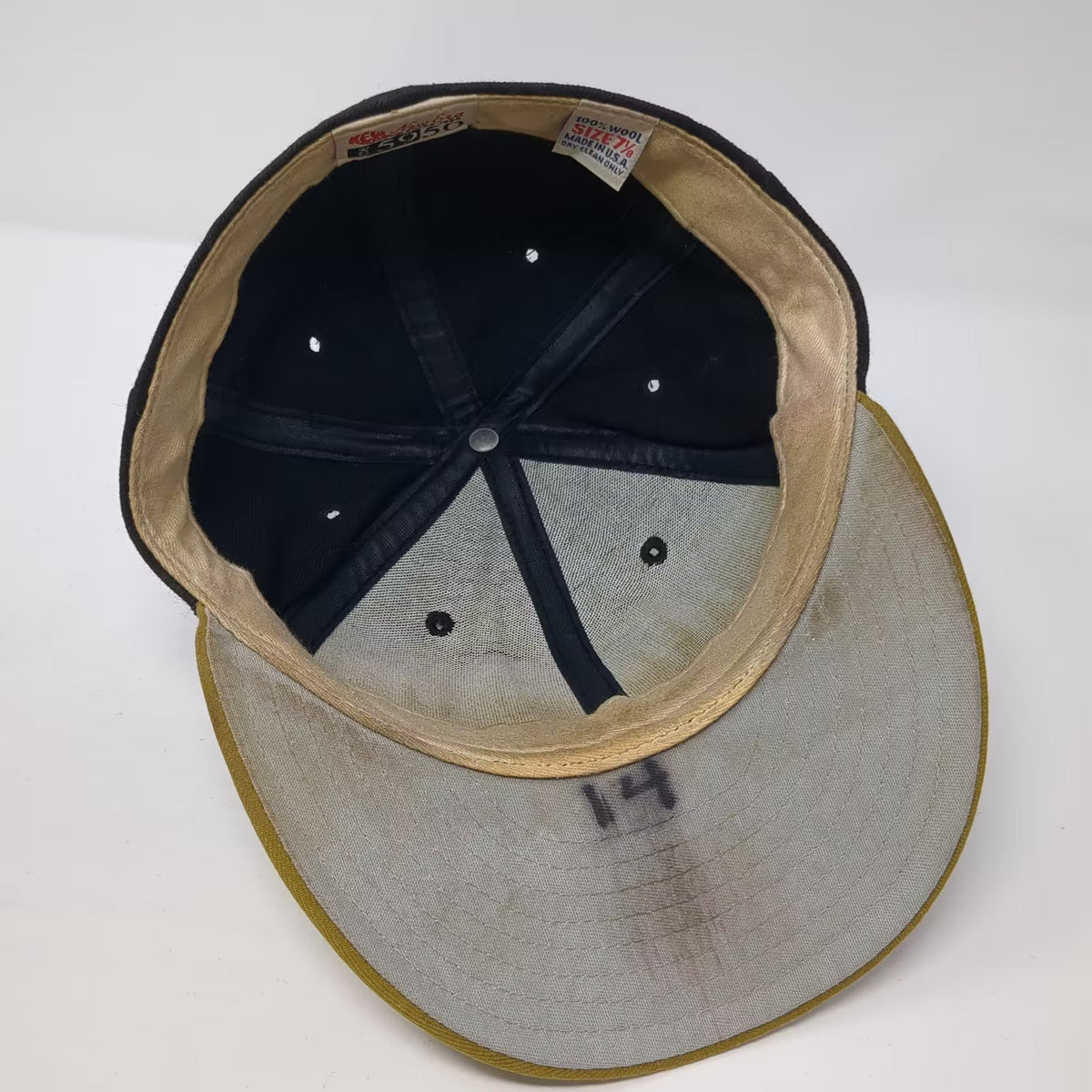 New Era Baseball Cap Black Gold 7 7/8 Wool Fitted Hat 5950 Pro Model USA Made