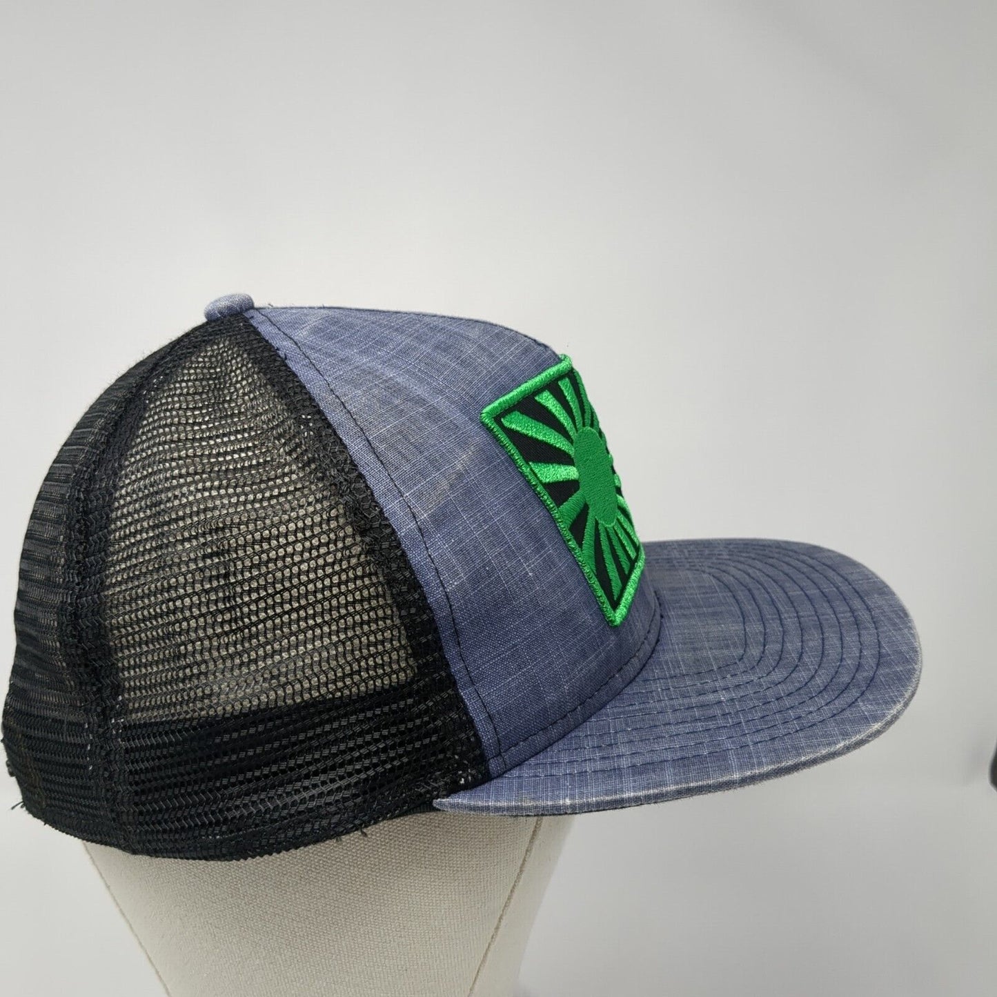 Rising Sun Patch Snapback Trucker Hat Blue One Size Mesh Back Adjustable