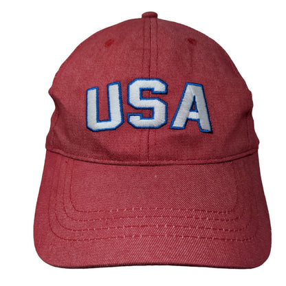 USA Strapback Hat Red One Size Adjustable Embroidered Vented Holes 6 Panel