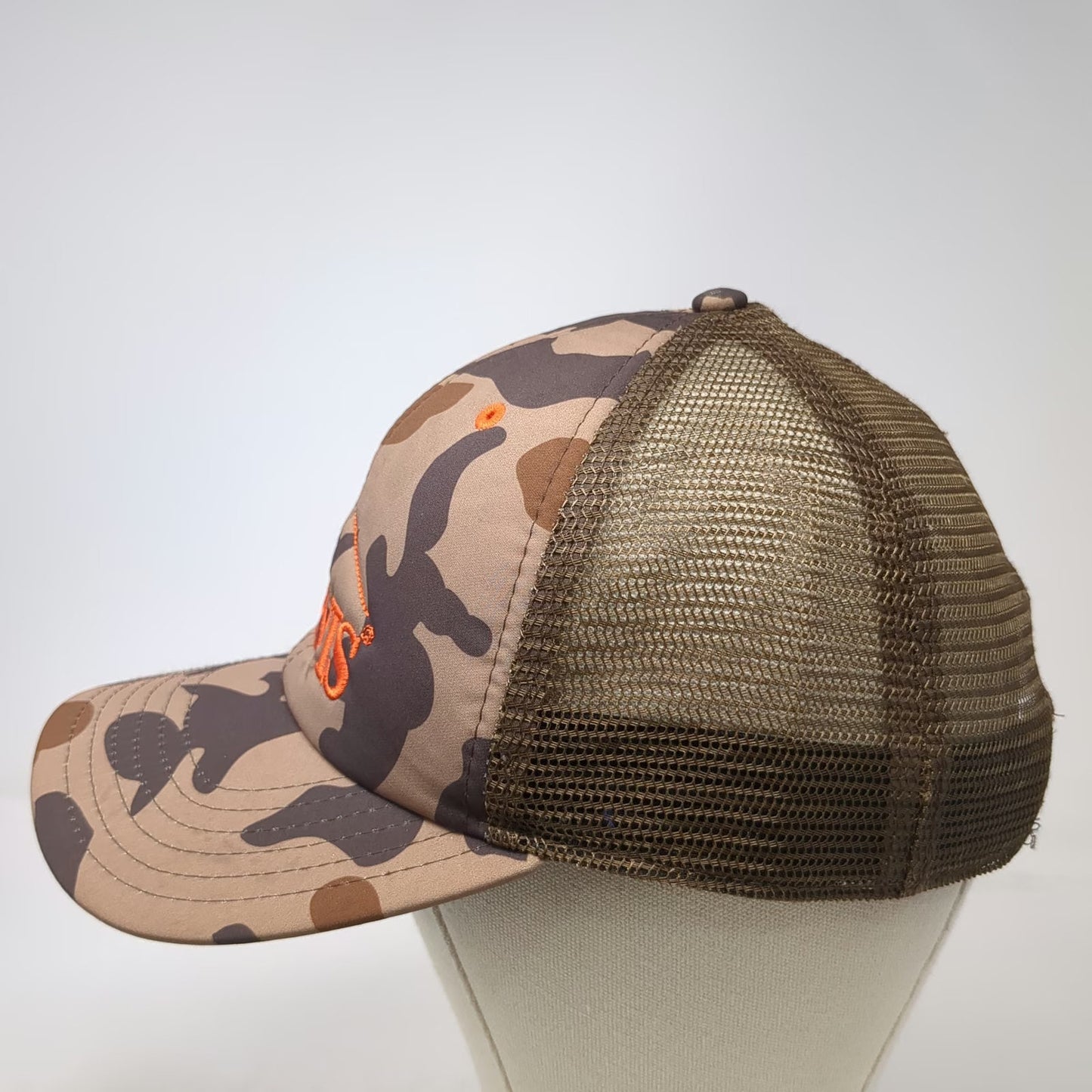 Orvis Trucker Hat Brown Camo One Size Orange Fly Fishing Logo Mesh Snapback