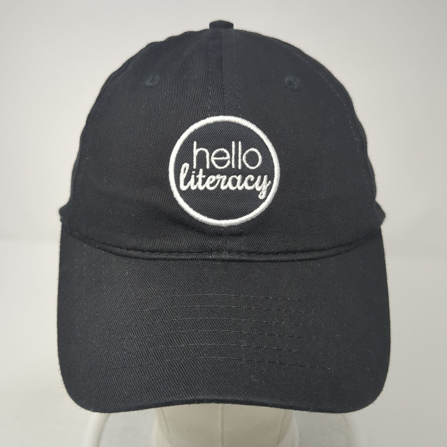 Hello Literacy Slideback Hat Black One Size Adjustable Embroidered