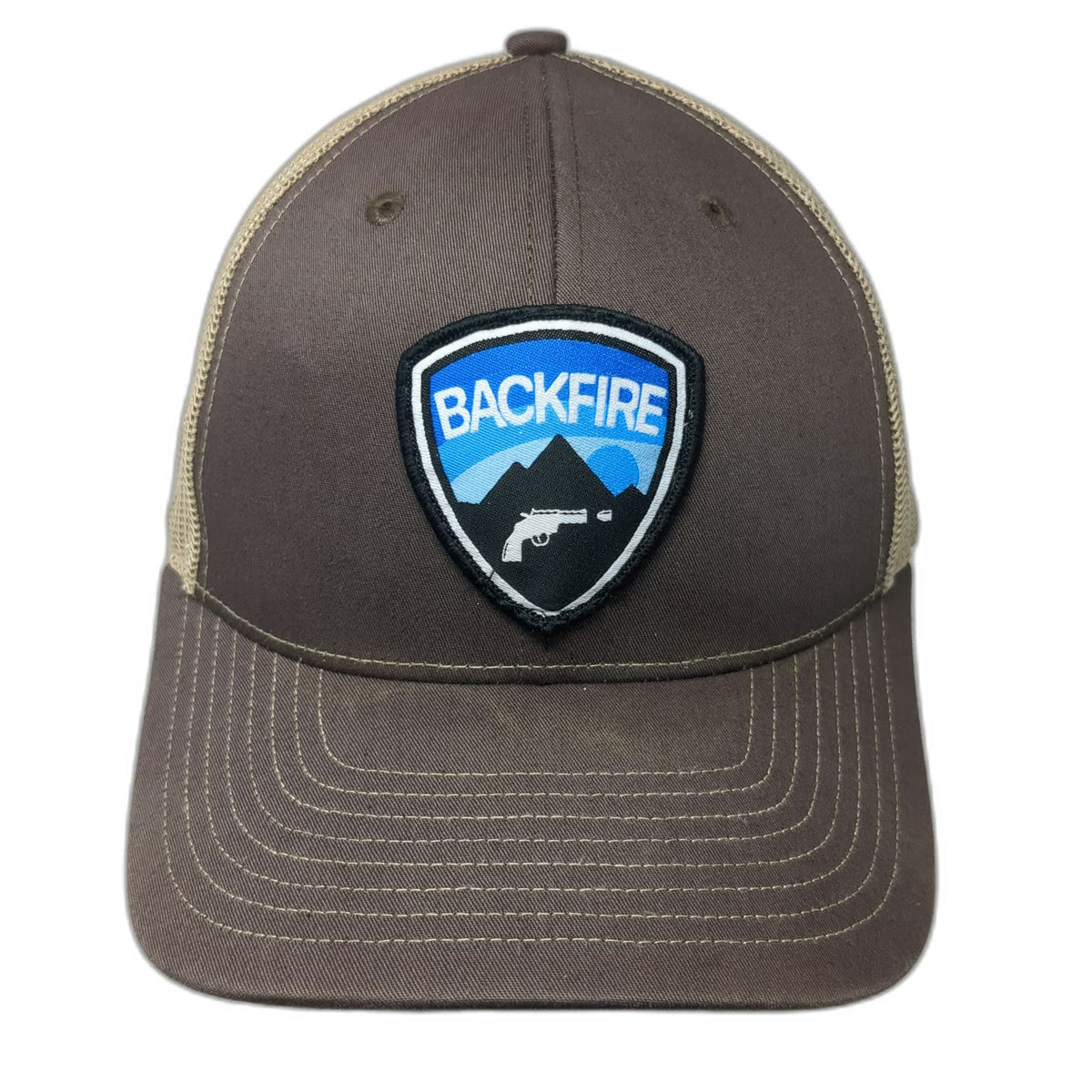 Richardson Trucker Hat Brown One Size Backfire Mountain Pistol Patch Snapback