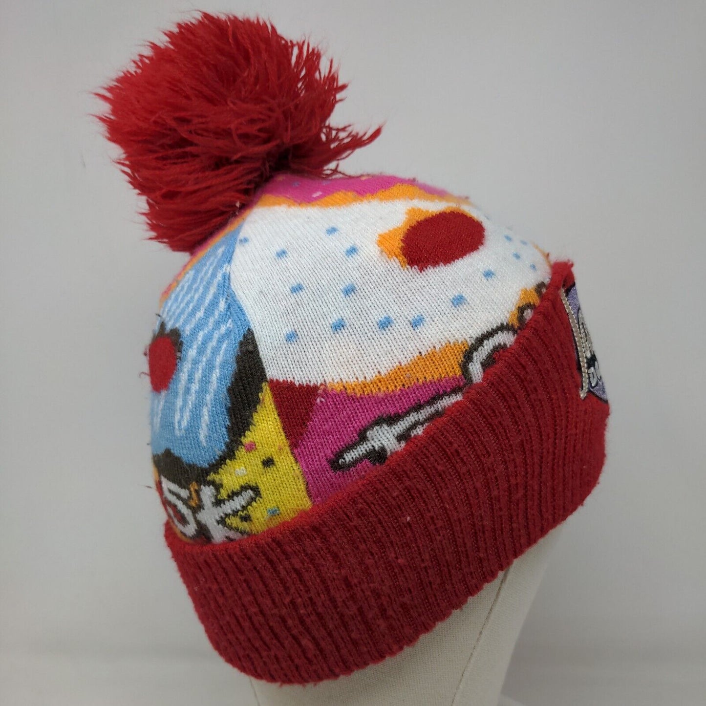 Jack's Donuts Men's Knit Beanie Hat Multicolor Embroidered Logo Pom Pom