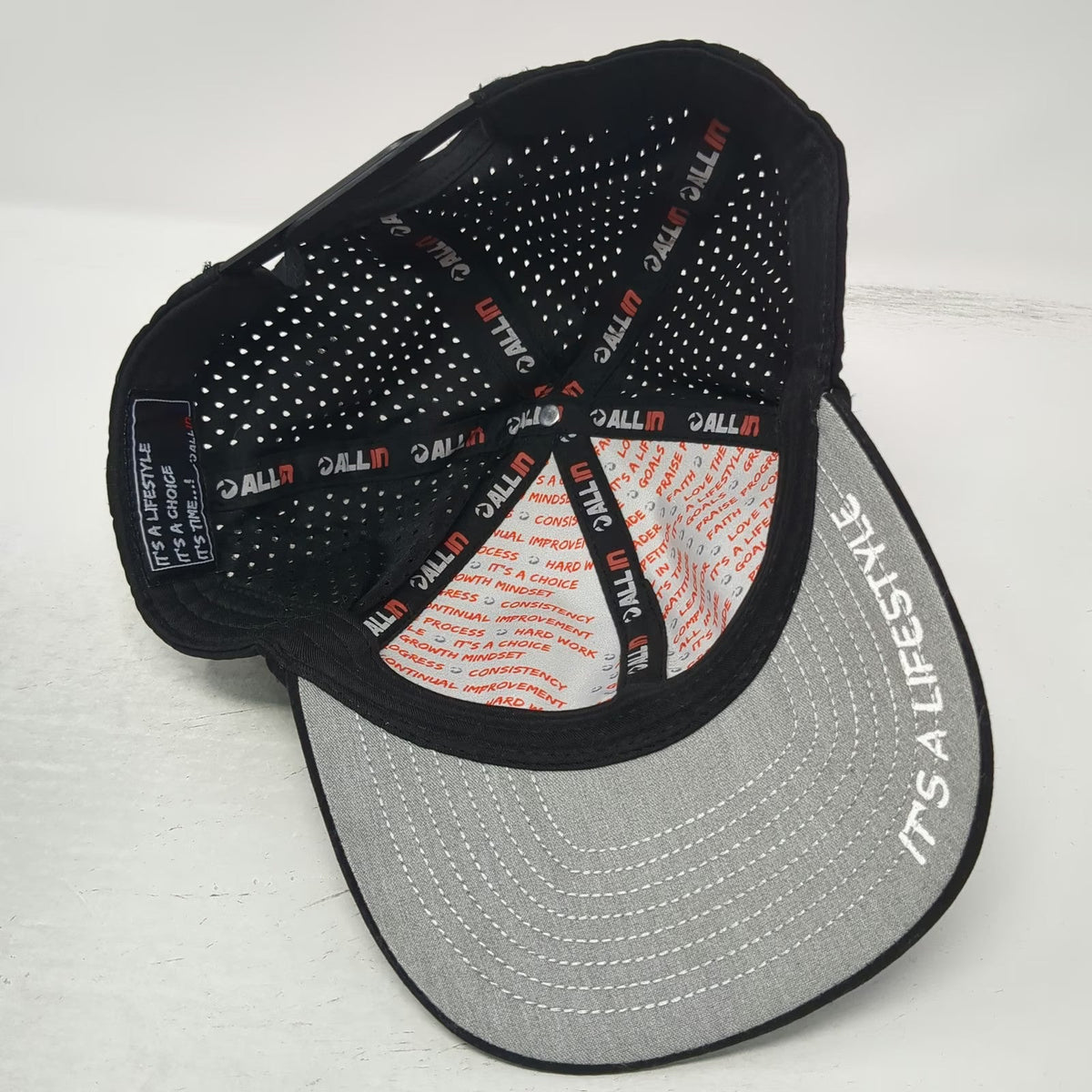 ALL IN Trucker Hat Black One Size Snapback Perforated Gray Undervisor Lifestyle