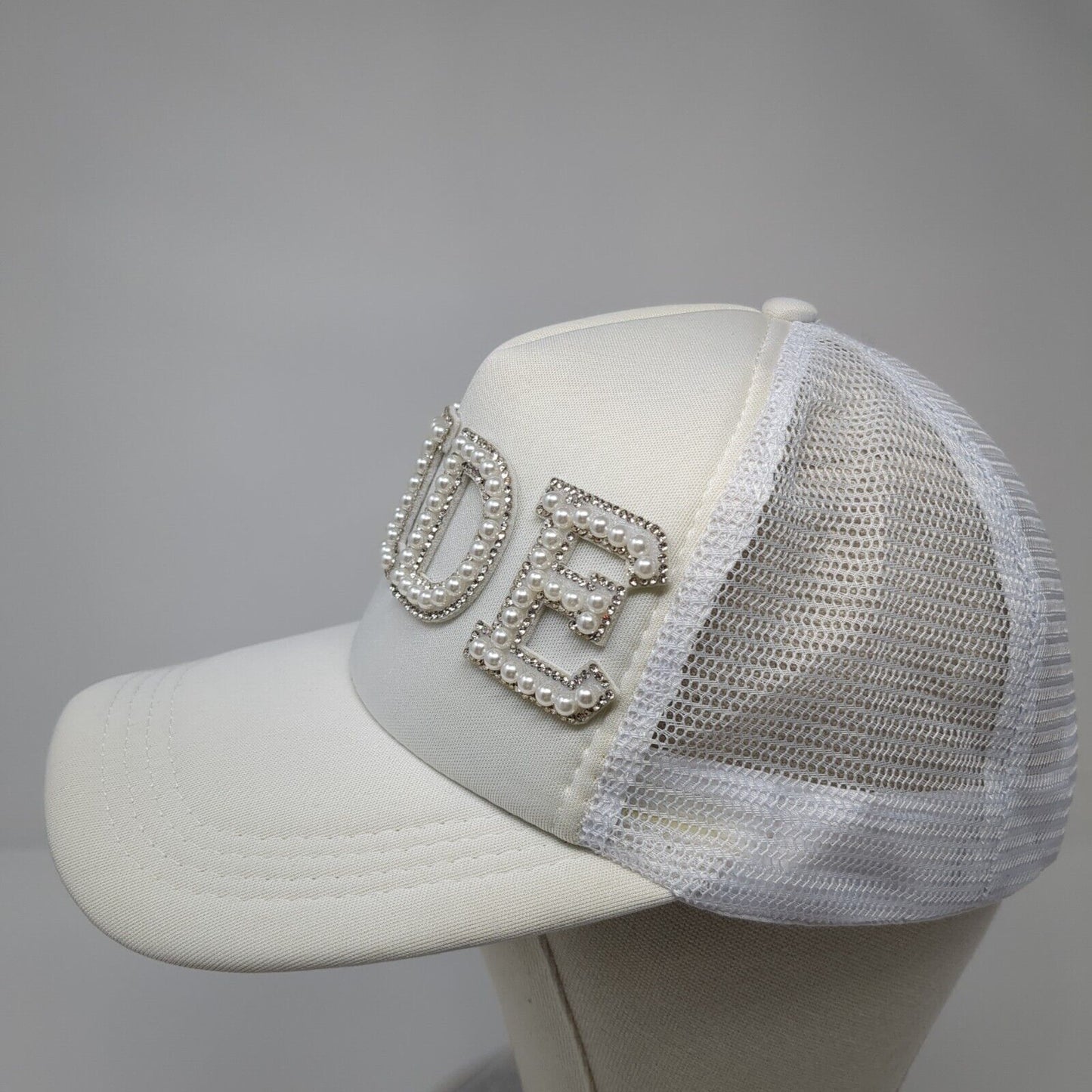 Bride Pearl Bling Snapback Trucker Hat White One Size Mesh Back Solid
