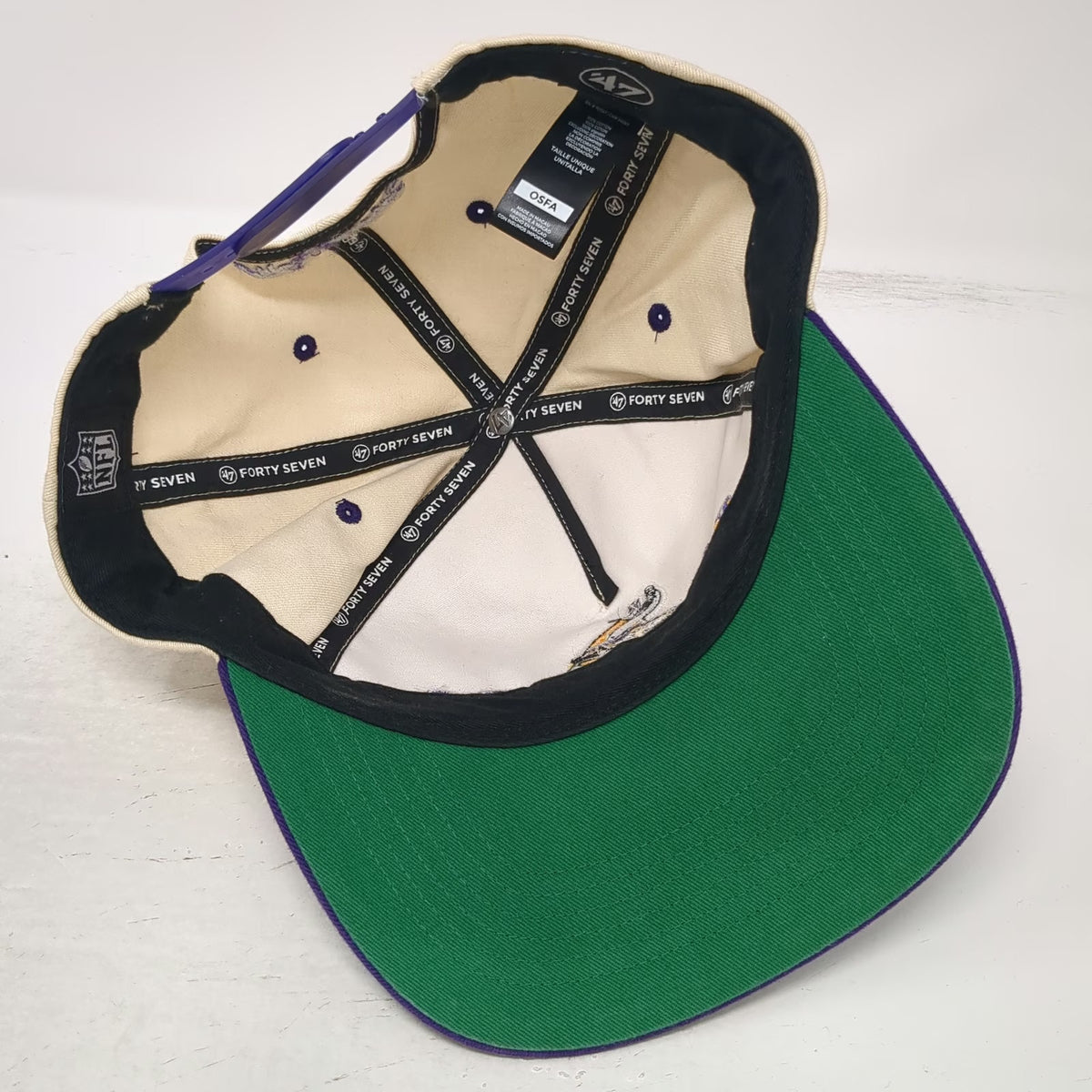 Minnesota Vikings NFL '47 5 Panel Hat Beige Purple One Size Green Under Snapback