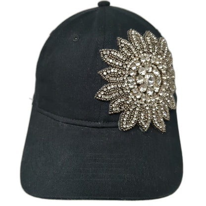 H&M Baseball Cap Black One Size Jeweled Flower Rhinestone Beaded Slideback Hat