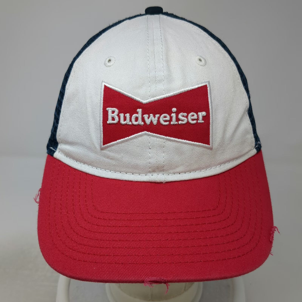H3 Headwear Budweiser Trucker Hat White Red Blue One Size Distressed Mesh Logo