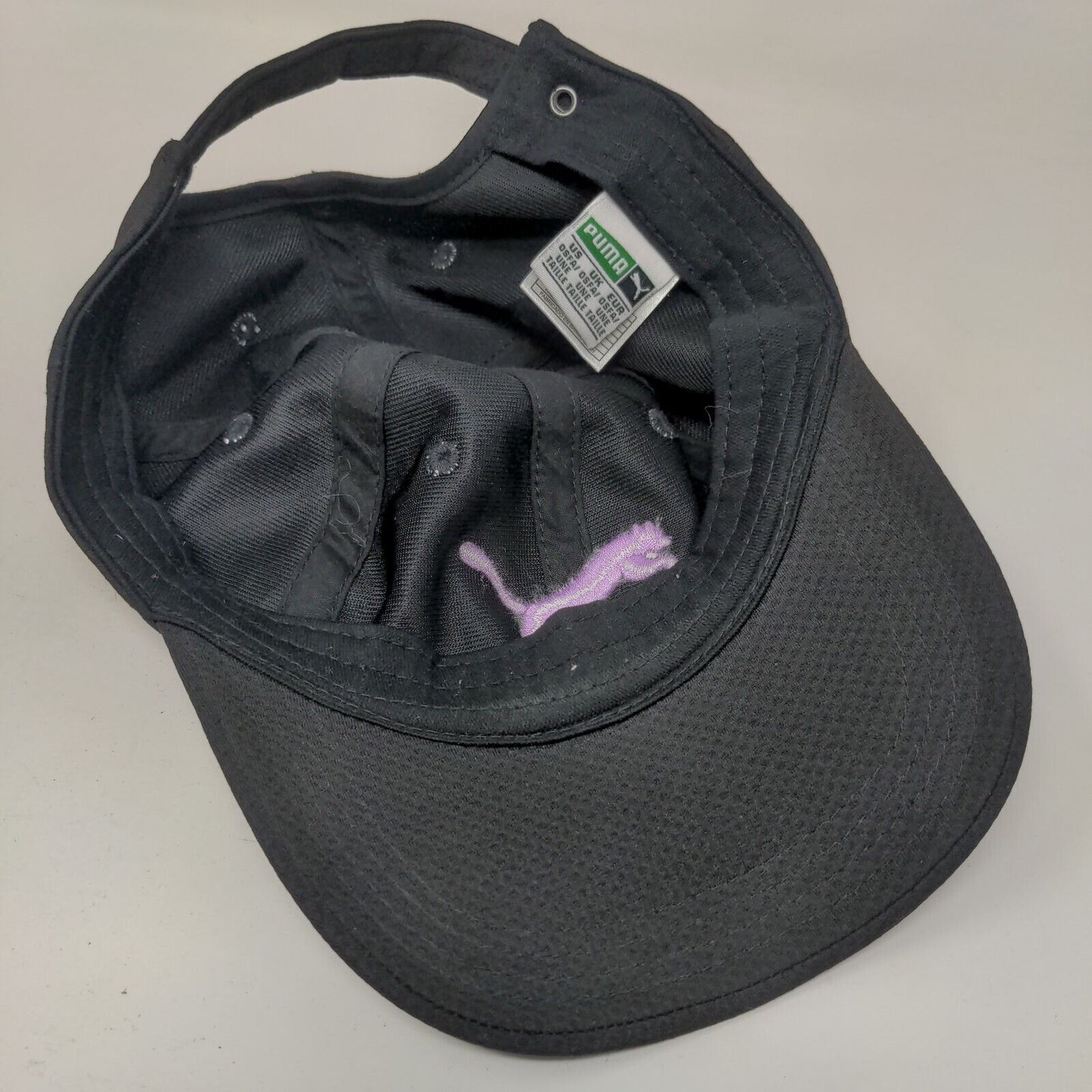 PUMA Slideback Hat Black OSFA Adjustable Embroidered Logo Vented Holes 6 Panel