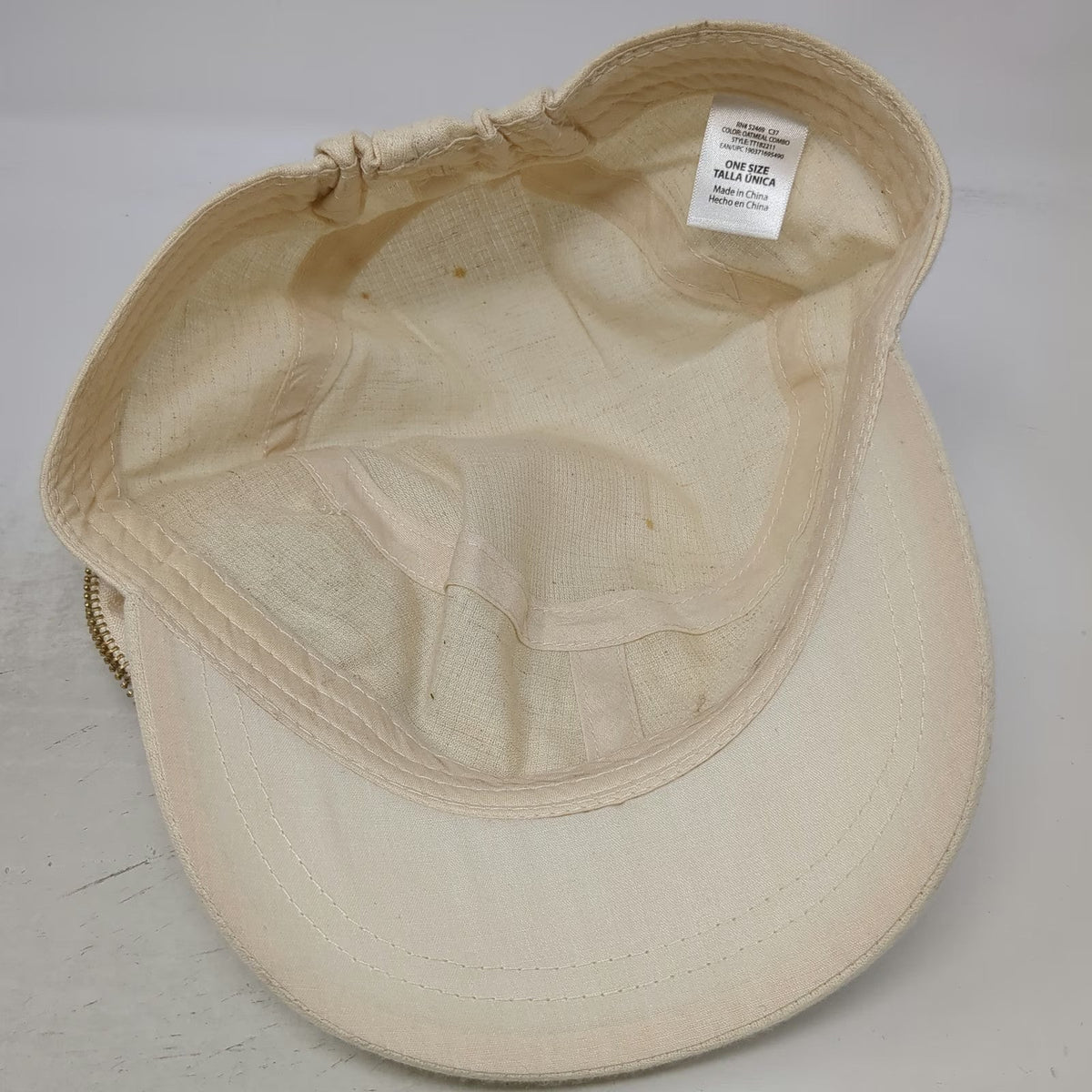 Beige Army Cap One Size Hat Flower Gold Zipper Trim Accent Cadet Elastic Back
