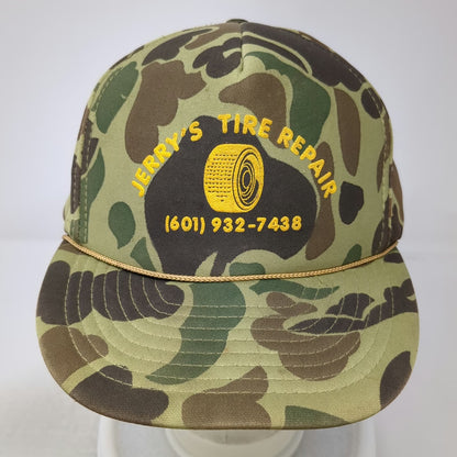 OTTO 5 Panel Green Yellow Camo Jerry's Tire Repair One Size Rope Snapback Hat
