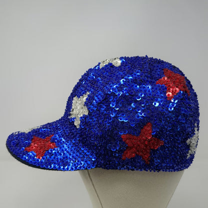 Blue Baseball Cap One Size Sequins Stars Red Silver Patriotic Sparkle Bling Hat
