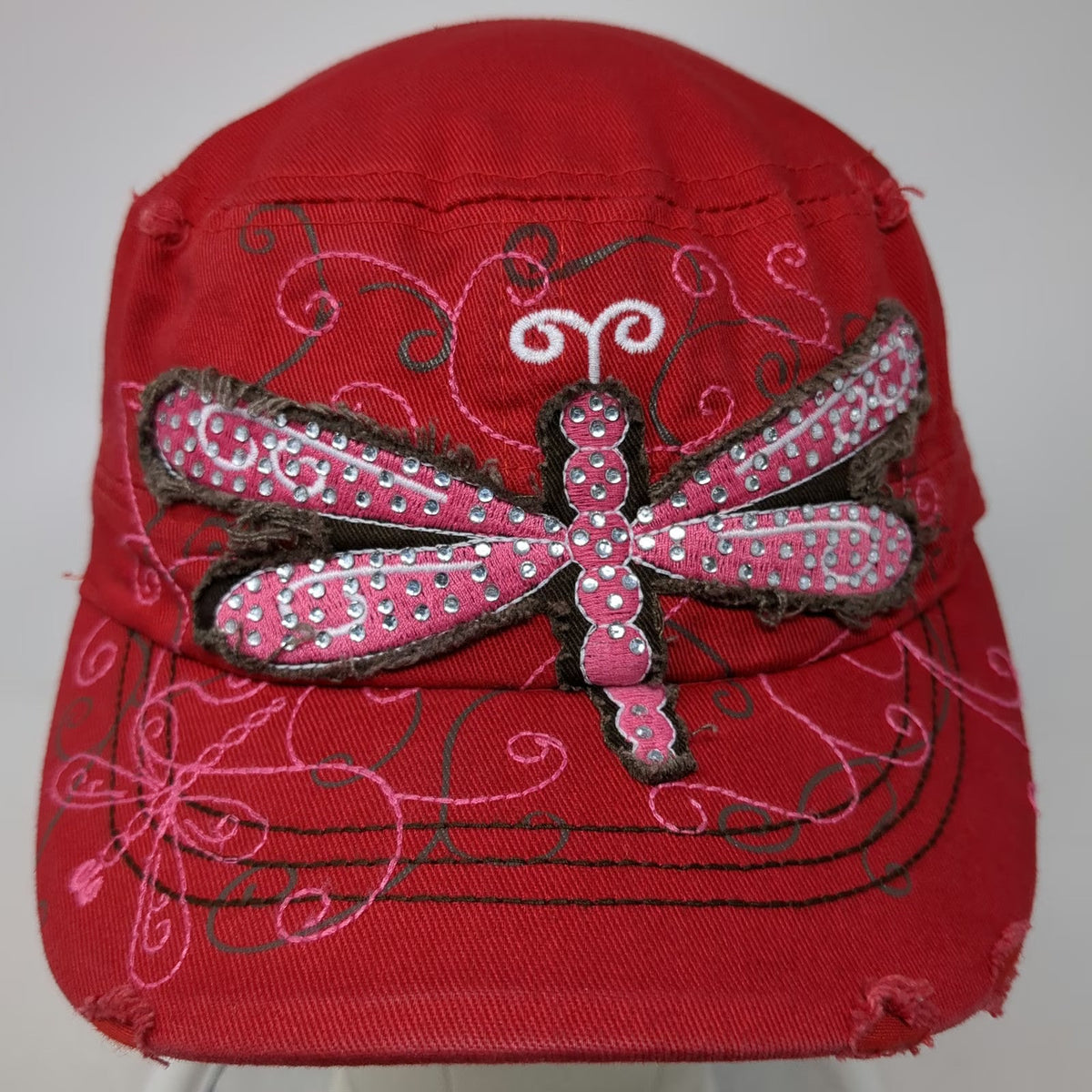Army Cap Red One Size Dragonfly Rhinestone Distressed Floral Embroidery Hat