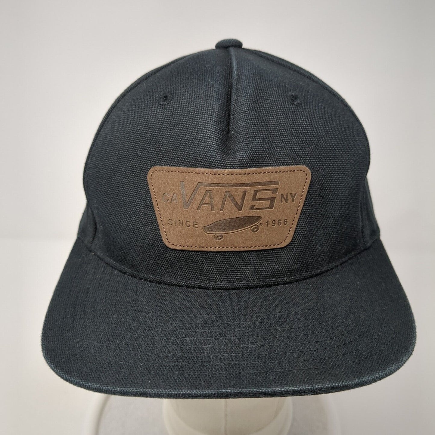 VANS Since 1996 Snapback Hat Black OS Adjustable Leather Patch 6 Panel Starter
