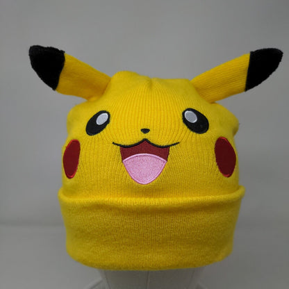 Pokemon Pikachu Youth Cuffed Beanie Hat Yellow OSFM Knit Stretch Ear Embroidered