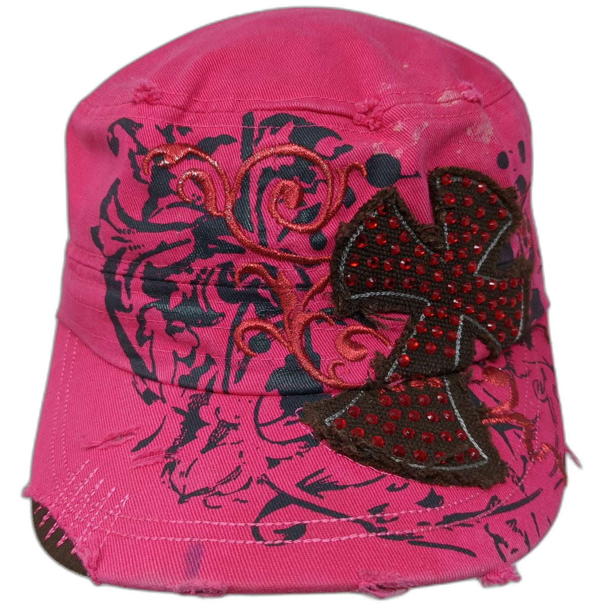 Leader LOGA Army Cap Pink One Size Cross Rhinestone Distressed Filigree Hat