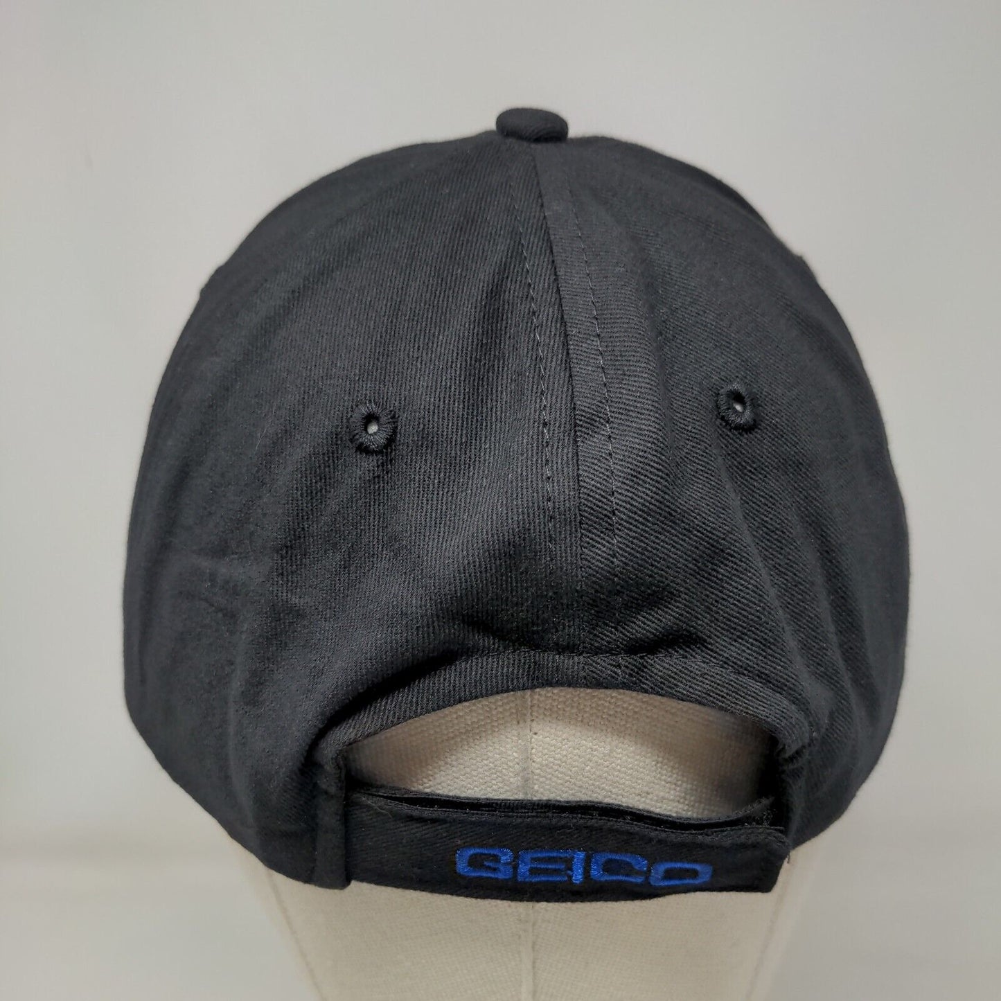 Geico Strapback Hat Black One Size Adjustable Embroidered Vented Holes Cotton