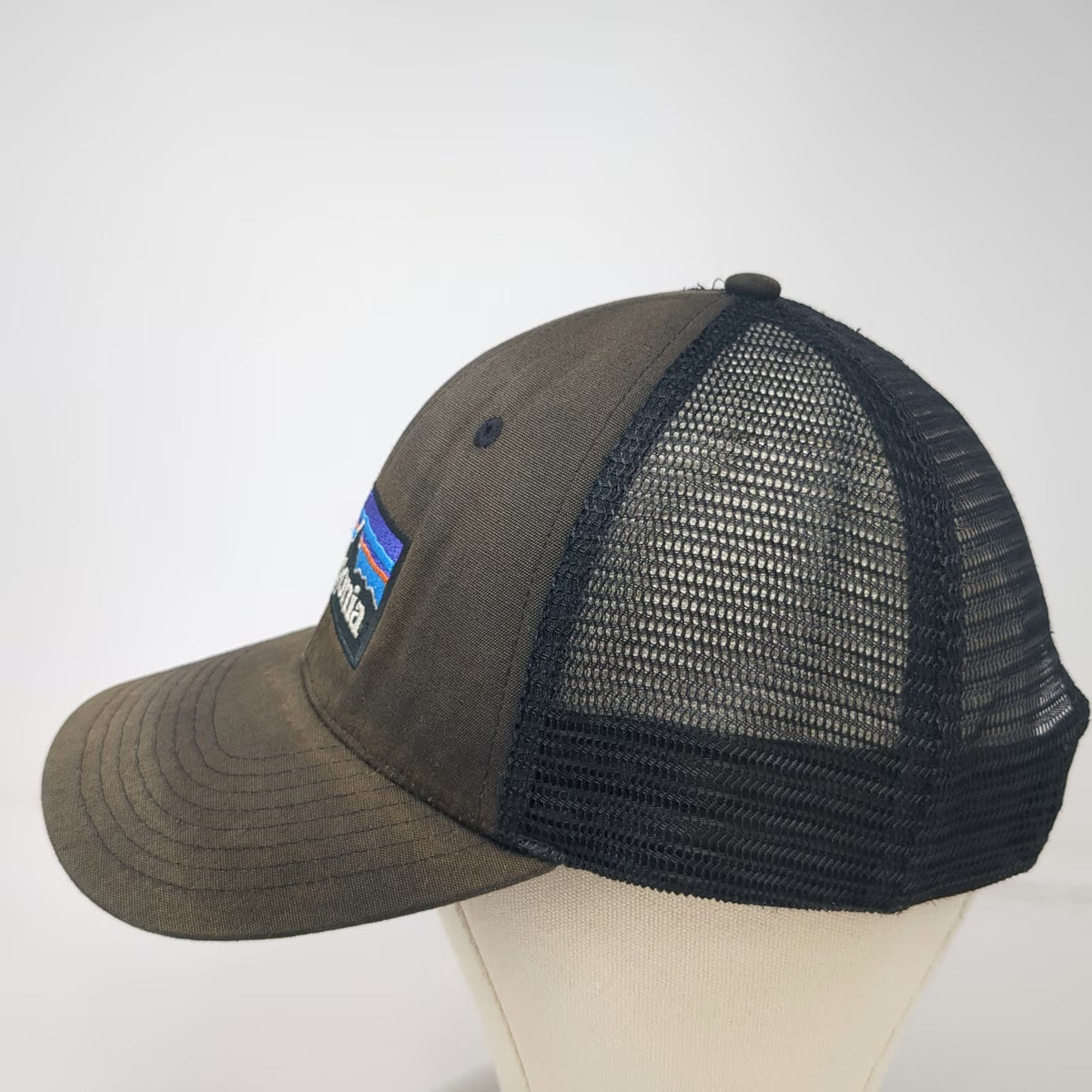 Patagonia Trucker Hat Black One Size Mesh Back P-6 Logo Snapback Recycled Brim