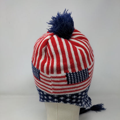 Armycrew USA Flag Beanie Hat Multicolor OS Ear Flap Pom Pom Patriotic Braided