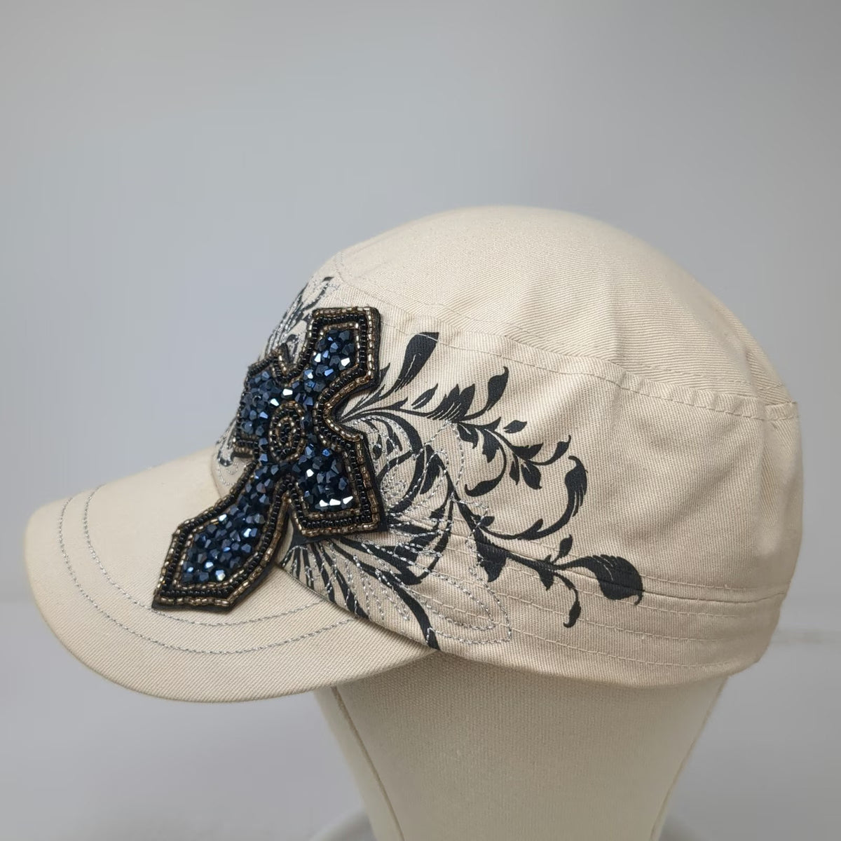Beige Army Cap One Size Beaded Cross Floral Silver Embroidery Studs Cadet Hat