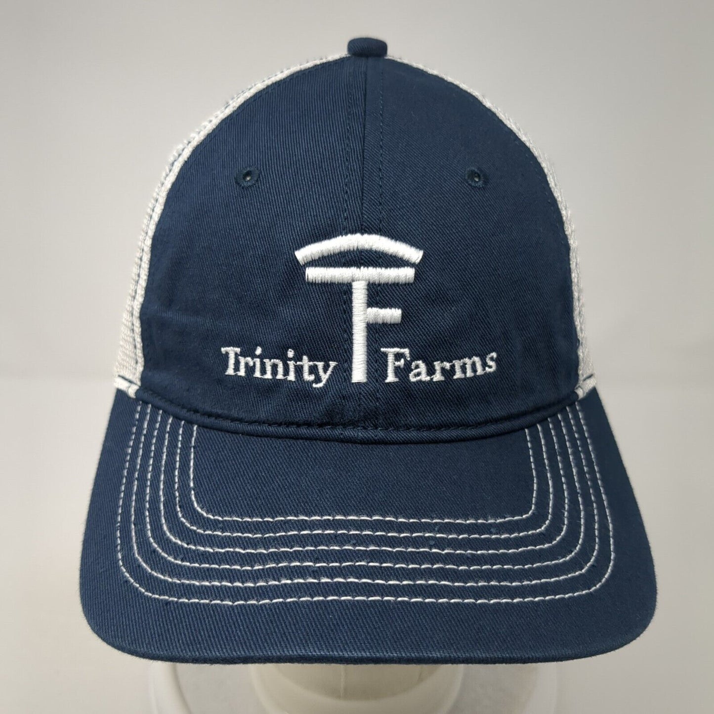 Trinity Farms Strapback Trucker Hat Blue One Size Adjustable Mesh Back District