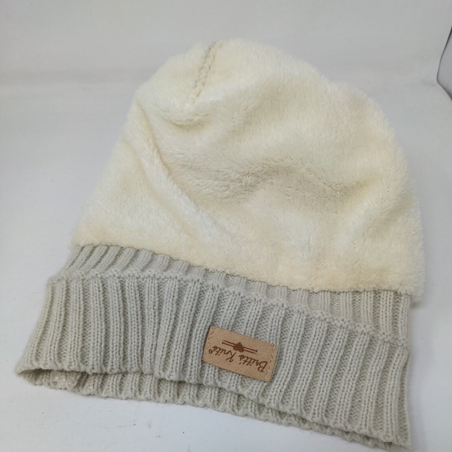 Britt's Knits Beanie Hat Cream One Size Hand Knitted Faux Fur Pom Pom