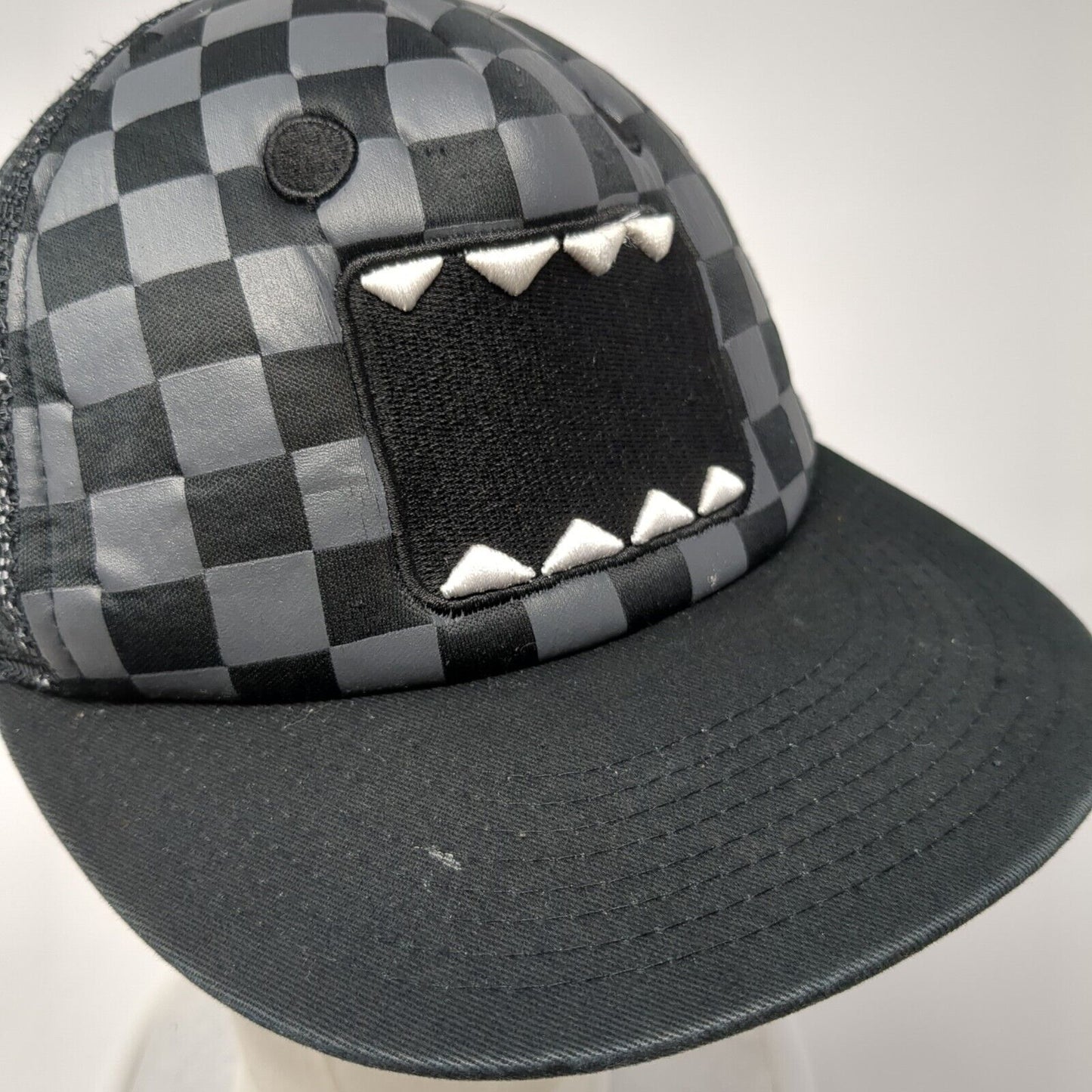 Domo Domo-Kun Snapback Mesh Back Hat Black Gray Checkered Mouth Foam
