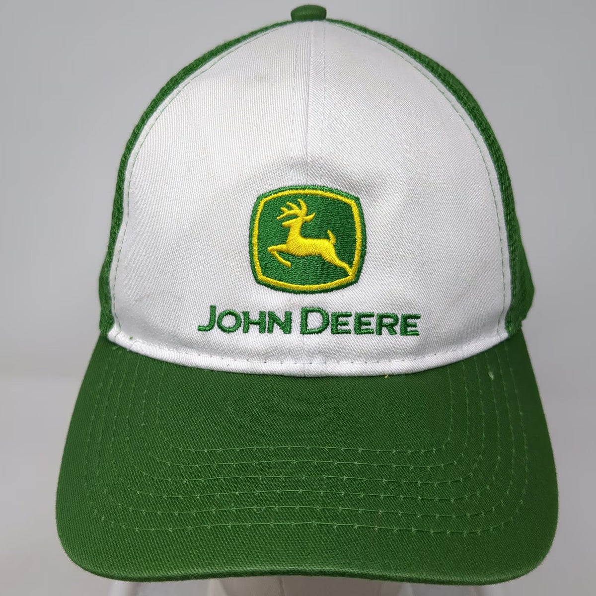 John Deere Trucker Hat Green White One Size Mesh Back Snapback Logo Farming Hat