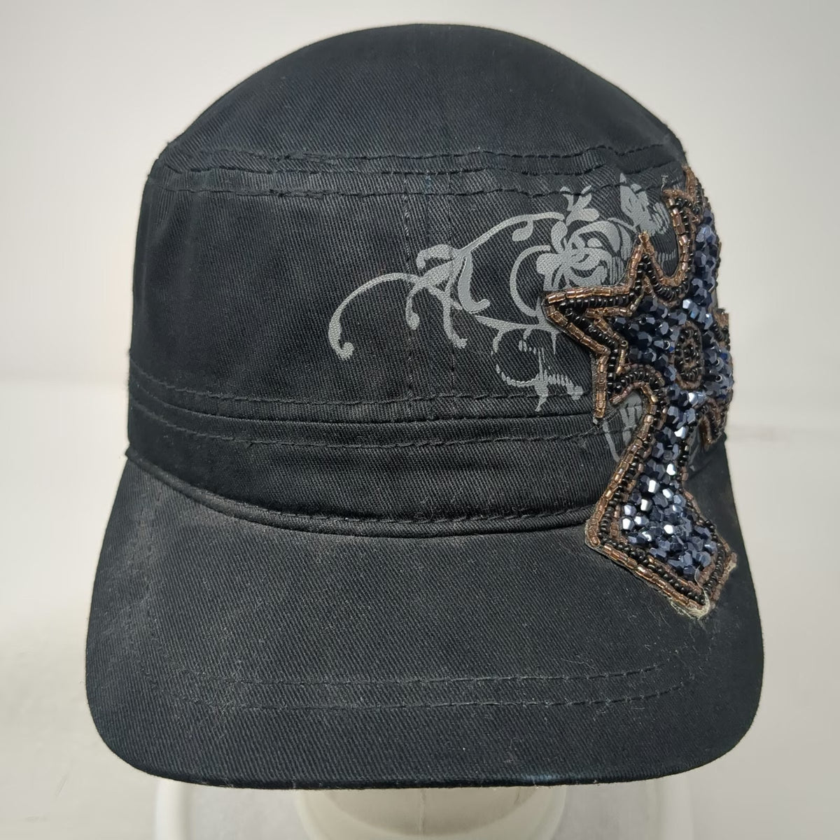 Army Cap Black OSFM Beaded Cross Floral Graphic Embellished Fashion Cadet Hat